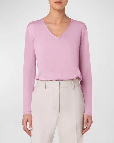 Akris V-neck Long-sleeve Cashmere-silk Fine Gauge Seamless Sweater In Lotus
