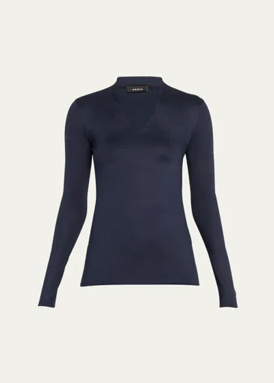 Akris V-neck Silk Jersey Stretch T-shirt In Navy