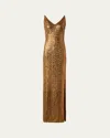 Akris V-neck Stretch Paillette Jersey Slit Gown In Gold