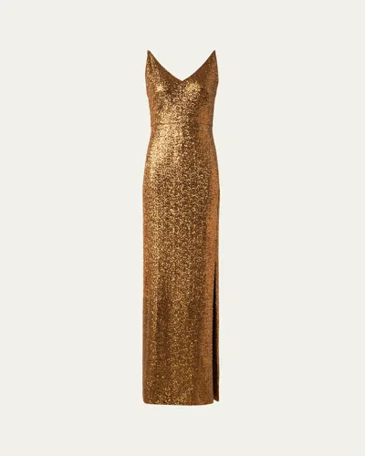 Akris V-neck Stretch Paillette Jersey Slit Gown In Gold