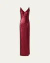 Akris V-neck Stretch Paillette Jersey Slit Gown In Ruby