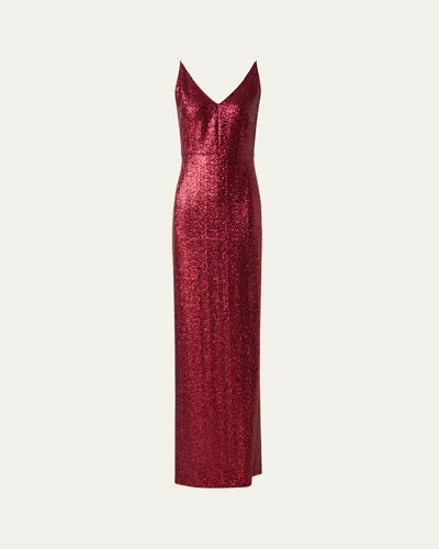 Akris V-neck Stretch Paillette Jersey Slit Gown In Ruby