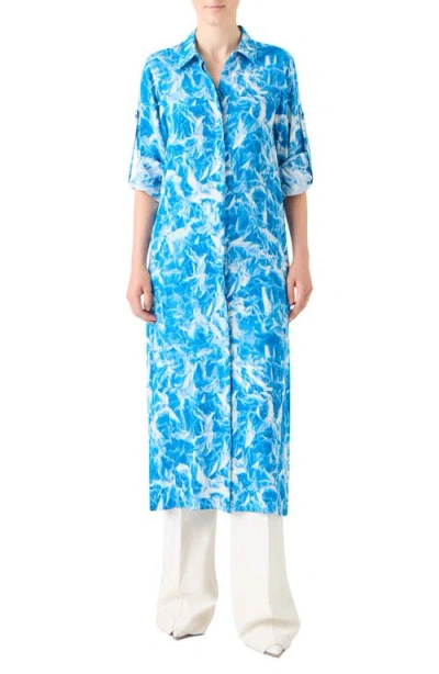 AKRIS AKRIS WHITECAPS LONG SLEEVE MIDI SILK SHIRTDRESS