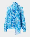 Akris Whitecaps Printed Tie-neck Silk Blouse In Blue