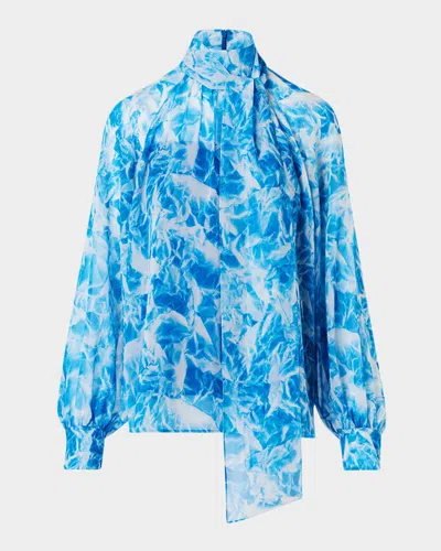 Akris Whitecaps Printed Tie-neck Silk Blouse In Blue