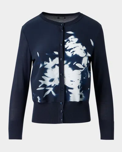 Akris Wildflower-print Silk Panel Crewneck Cardigan In Blue