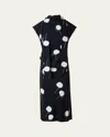 Akris Windflower-print Cap-sleeve Crepe Midi Dress With Detachable Bow In Black-ecru