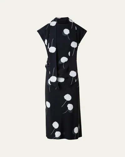 Akris Windflower-print Cap-sleeve Crepe Midi Dress With Detachable Bow In Black-ecru