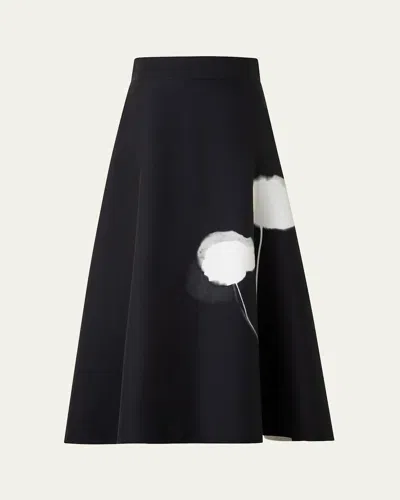 Akris Windflower-print Cotton Silk A-line Midi Skirt In Black-ecru