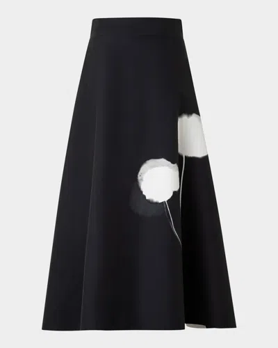 AKRIS WINDFLOWER-PRINT COTTON SILK A-LINE MIDI SKIRT
