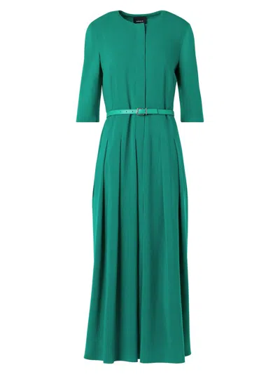Akris Pleated Wool Belted Midi Dress In Green