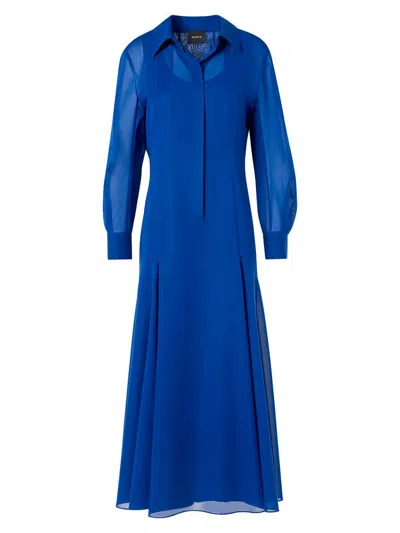 Akris Godet Flared Long Sleeve Cotton Voile Shirtdress In Blue