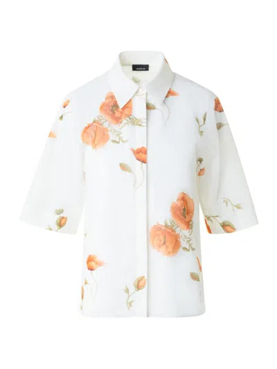 Akris Poppy Print Short Sleeve Button-up Shirt In Brown