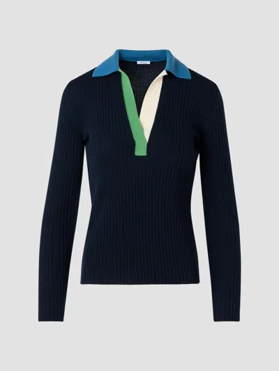 Akris Women's Rib-knit Wool Long-sleeve Polo Shirt In Black