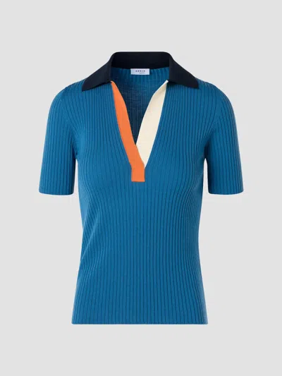 Akris Women's Rib-knit Wool Short-sleeve Polo Shirt In Blue