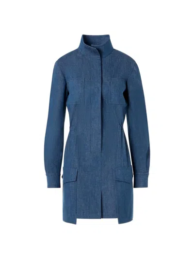 Akris Women's Stand Collar Coated Denim Minidress In Blue