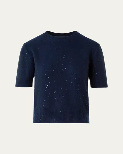 Akris Wool-cashmere Paillette Knit Short-sleeve Sweater In Blue