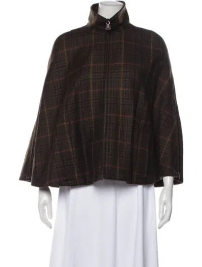 Pre-owned Akris X Bergdorf Goodman Wool Plaid Print Cape In Brown