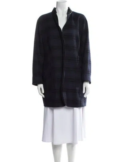 Pre-owned Akris X Bergdorf Goodman Wool Plaid Print Faux Fur Jacket In Blue