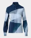 Akris Zigzag Print Silk Crepe Button-down Blouse In Blue