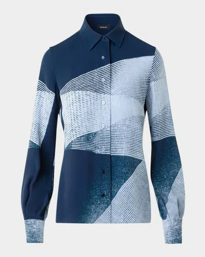 Akris Zigzag Print Silk Crepe Button-down Blouse In Blue