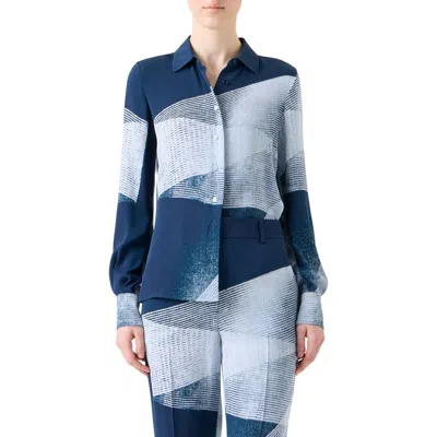 Akris Zigzag Print Silk Crepe Button-down Blouse In Blue
