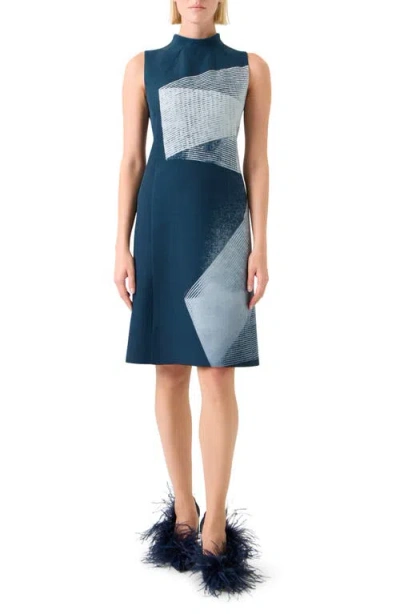 Akris Zigzag Print Silk Sheath Dress In Blue