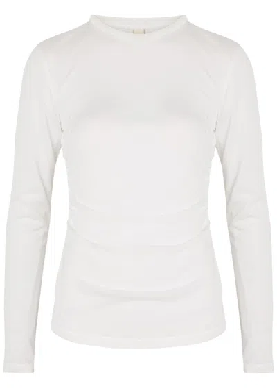 Akyn Ruched Sheer Fine-knit Top In White