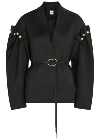 Akyn Ulla Pearl Embellished Belted Woven Jacket In Black