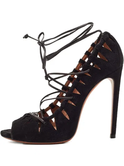 Pre-owned Alaïa 130mm Lace-up Suede Pumps In Black