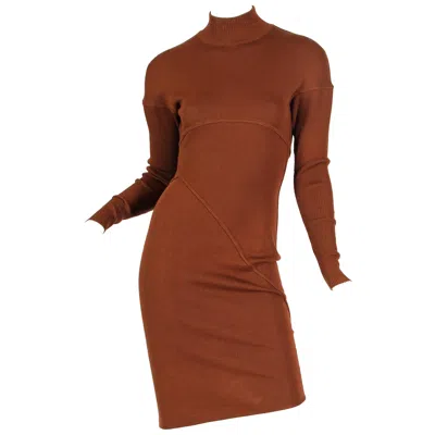 Pre-owned Alaïa 1980s Azzedine Alaia Cinnamon Brown Wool Knit Turtleneck Body-con Dress With Di In Red