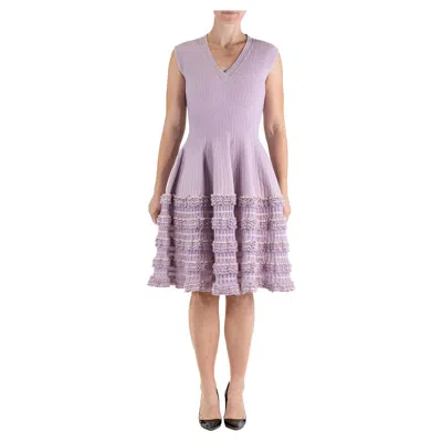 Pre-owned Alaïa 2000s Azzedine Alaia Lilac Wool Blend V Neck A Line Dress Knit Ruffle Trim In Gray
