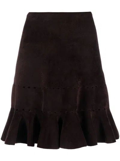 Pre-owned Alaïa 2000s Ruffle-hem Faux-suede Skirt In Brown