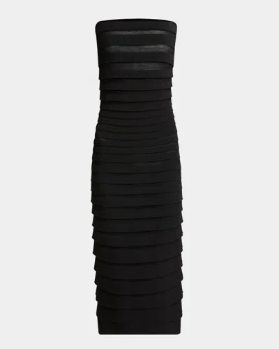 Alaïa 3d Stripe Mesh Knit Strapless Midi Dress In Noir Alaia