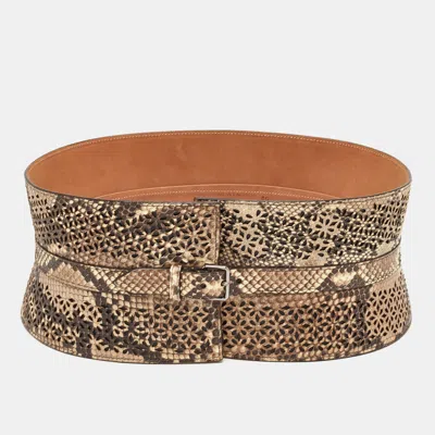 Pre-owned Alaïa 80cm Beige/brown Snakeskin Cut-out Wide Waist Belt In Sand