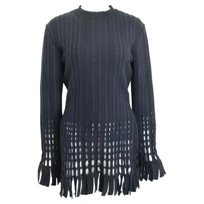 Pre-owned Alaïa 90s Alaia Black And Navy Stripe Wool Open Knit Fringe Hem Bodycon Dress In Blue