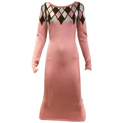 Pre-owned Alaïa 90s Alaia Salmon Pink Diamond Harlequin Print Viscose Dress