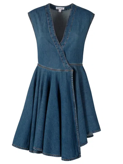 ALAÏA DEEP STONE DENIM WRAP DRESS