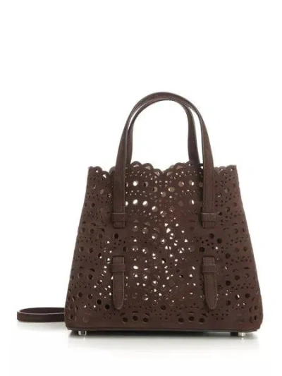 Alaïa Alaia Sophisticated Mini Nubuck Handbag With Architectural Motif In Brown