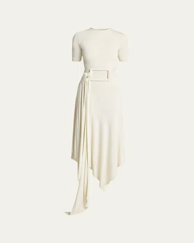 Alaïa Asymmetric Fluid Jersey Belted Midi Dress In Neutral