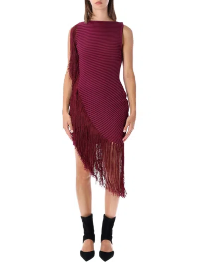 Alaïa Alaia Asymmetric Fringed Knit Dress With High Neck And Slim Fit In Burgundy
