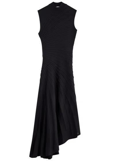 Alaïa Asymmetric Ribbed Wool Midi Dress In Black