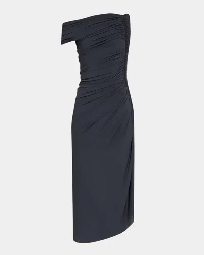 Alaïa Asymmetric Ruched Off-shoulder Midi Dress In Ardoise