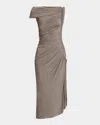 Alaïa Asymmetric Ruched Off-shoulder Midi Dress In Taupe