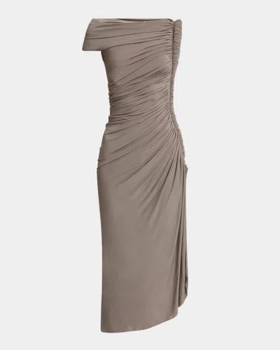 ALAÏA ASYMMETRIC RUCHED OFF-SHOULDER MIDI DRESS