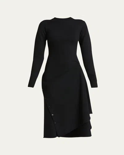 Alaïa Asymmetric Side Snap Slit Midi Dress In Noir Alaia