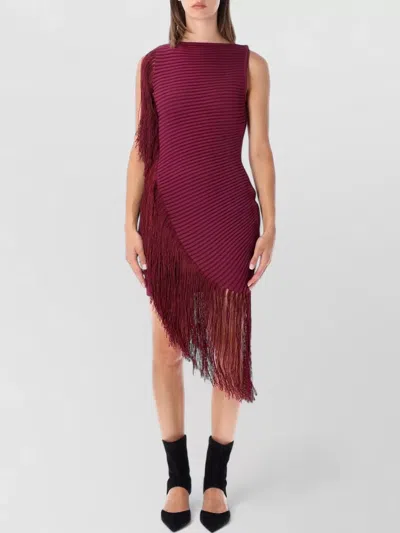 Alaïa Alaia Asymmetric Fringed Knit Dress With High Neck And Slim Fit In Burgundy