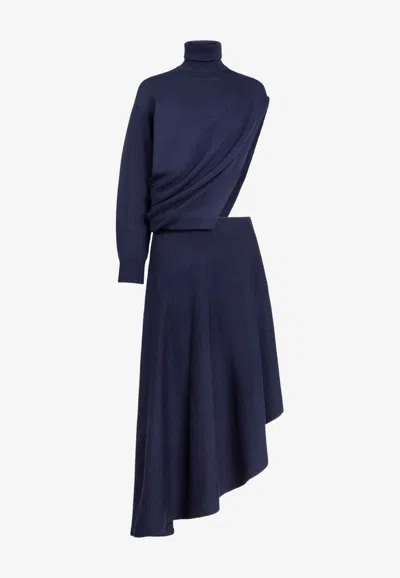 Alaïa Asymmetric Wool Midi Dress In Blue