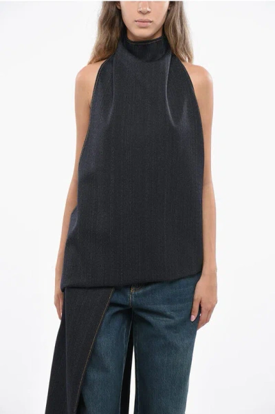 Alaïa Asymmetrical Cut Wool Peplum Top In Blue