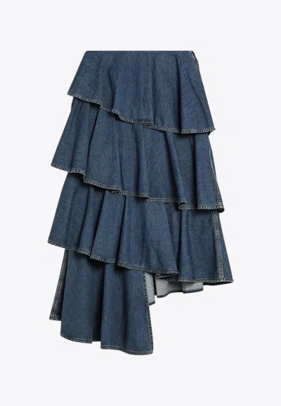ALAÏA ASYMMETRICAL SPIRAL DENIM SKIRT